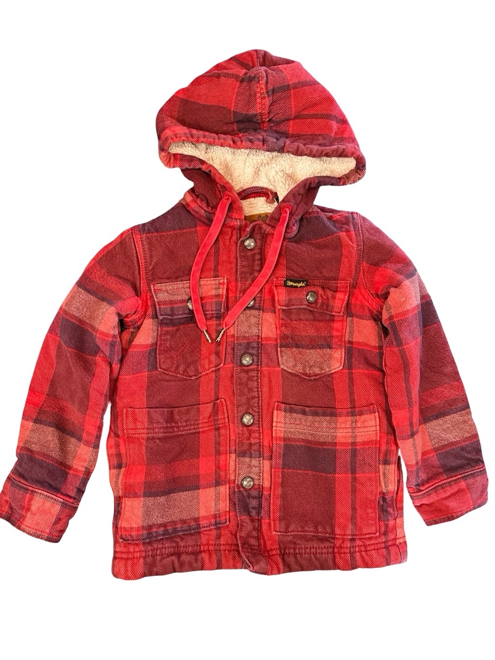 WRANGLER BOY'S FLANNEL HOODED SHIRT JACKET SMALL YOUTH RED PLAID WESTERN SNAP